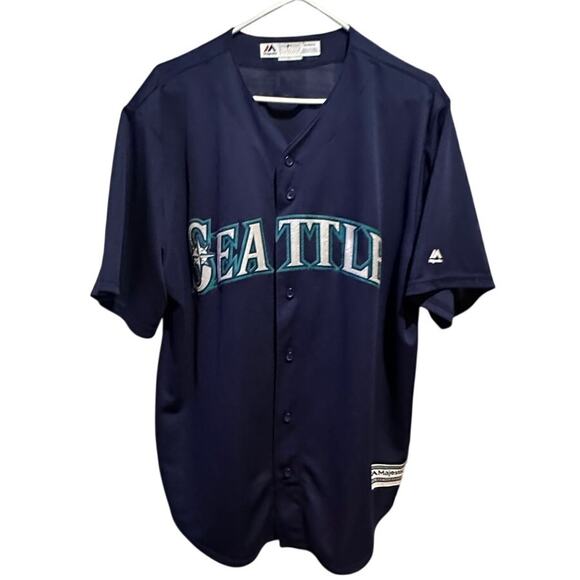 Majestic Genuine Merchandise Seattle Mariners Blue Jersey Sz XL Coolbase Button - Picture 1 of 7